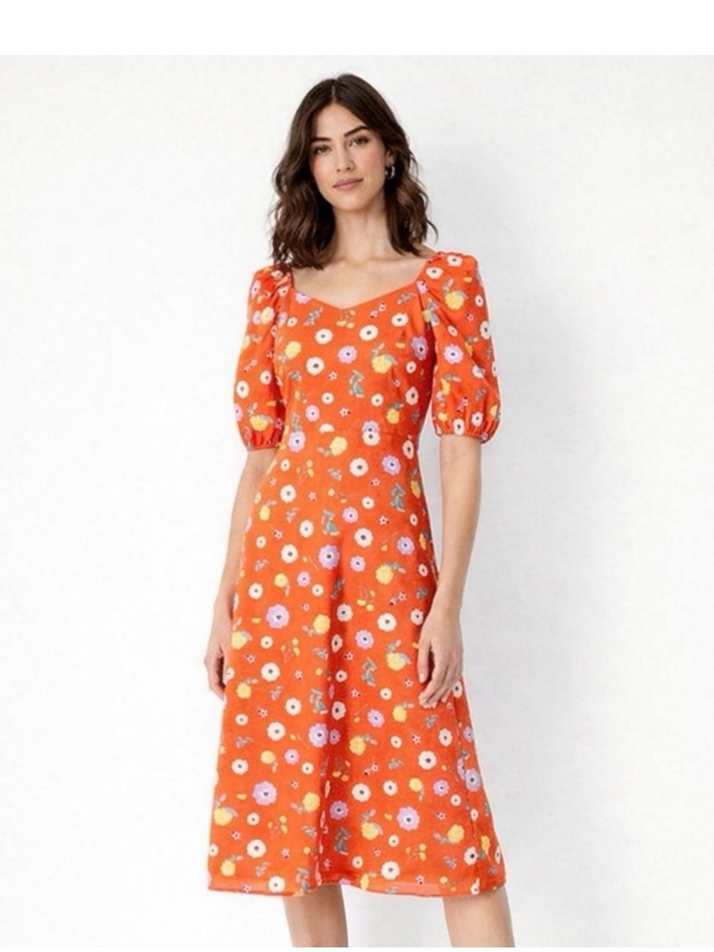Ann Taylor Bright Orange Floral Puff-Sleeve Midi Dress